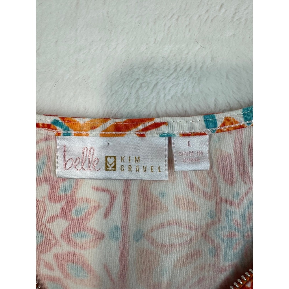 Belle By Kim Gravel TripleLuxe Knit Signature Zip Printed Top Pima Orange Large - Picture 3 of 11